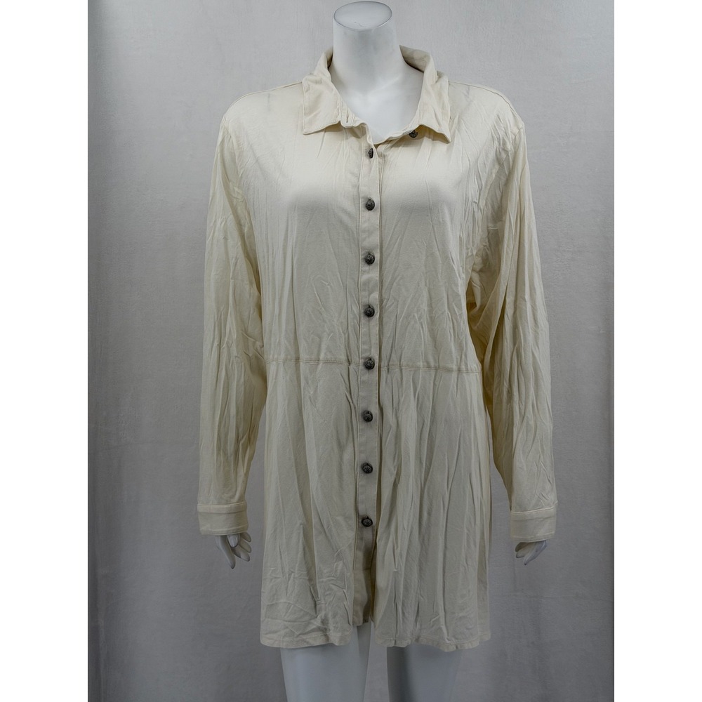 J Jill Top Womens 3X Cream Button Up Tunic Lagenlook Travel Neutral Pima Cotton